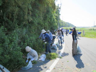 采女城跡周辺の通学路を除草する保護者